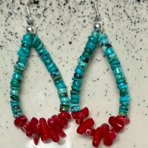 New! Native American Red Coral Turquoise & Sterling Silver Dangle Earrings